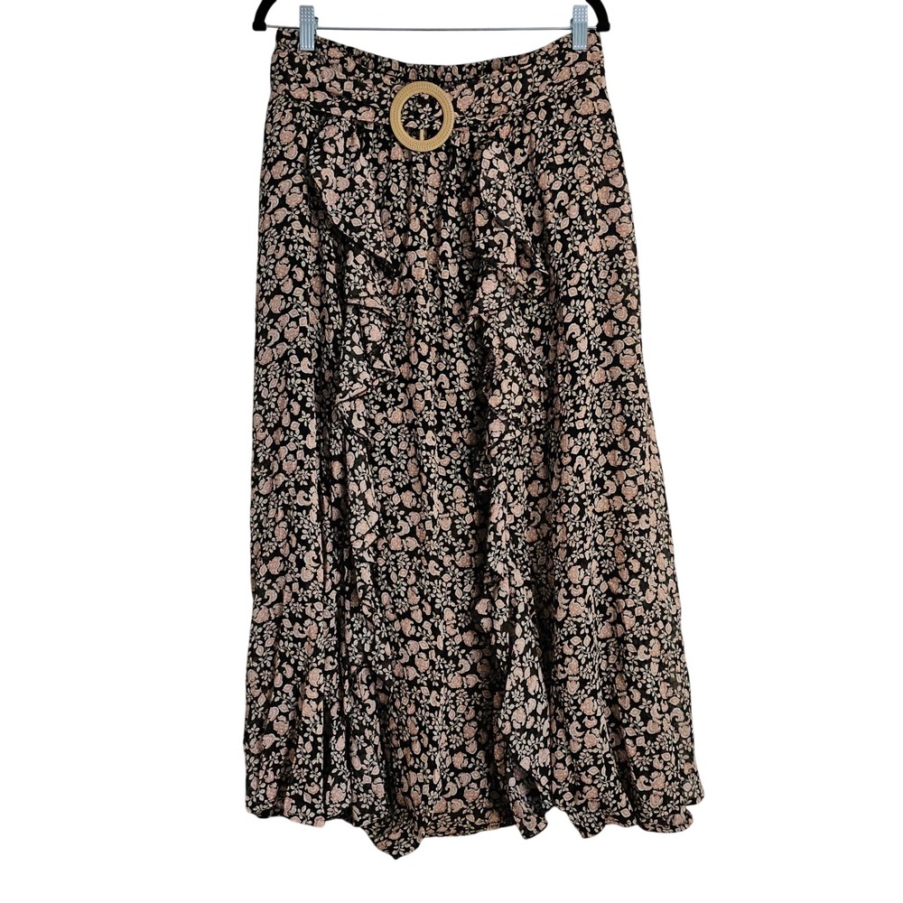 Cato Womens Floral Maxi Skirt L Black Pink Ruffle Front Cottagecore Softgirl Boh